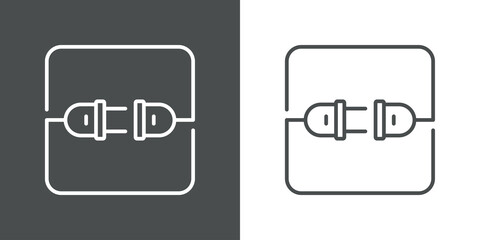 Poster - Concepto energía eléctrica. Logotipo lineal enchufe eléctrico con cable y conector en cuadrado en fondo gris y fondo blanco