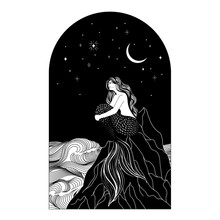 A Mermaid Sits On The Seashore, Against The Background Of A Dark Sky With Stars And The Moon. Sketch Hand Drawing Contour Line Art Vector Illustration.