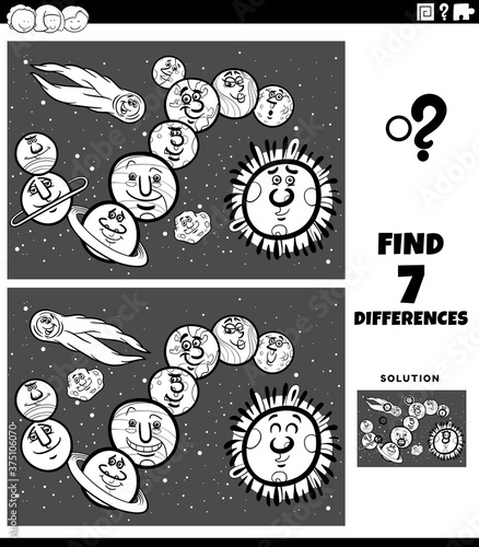 Fotomural differences educational game with planets and orbs color book page