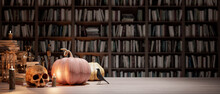 The Wizard's Room With Library, Old Books, Pumpkins, Potion, And Scary Things 3d Render 3d Illustration