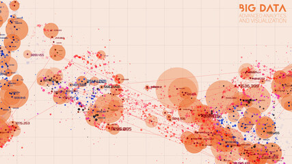 Cloud big data processing. Network analysis. Human connections representation. Science data threads scatter plot. Futuristic infographics aesthetic design. Spatial cyber visualization