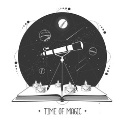 Wall Mural - Modern magic witchcraft open book with telescope and outer space and planets. Vector illustration