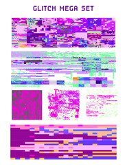 Wall Mural - Bundle of glitch overlays. Computer screen error, digital pixel noise design.