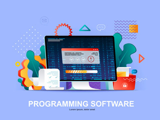 Programming software flat concept with gradients. Full stack software development, engineering, programming and testing web template. 3d composition, outsourcing company service vector illustration.