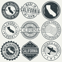 California Set Of Stamps. Travel Stamp. Made In Product. Design Seals Old Style Insignia.