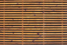Wooden Brown Bars. Oak Slats On Wall, Decorative Border. Texture Of The Light Wood Boards Lie Horizontally. Wood Background