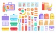 © studioworkstock - Lunch box. School or office lunch box and fruit, vegetable, hamburger fast food packed meal and bottled drink product item set. Vector plastic container, textile and disposable paper bag illustration