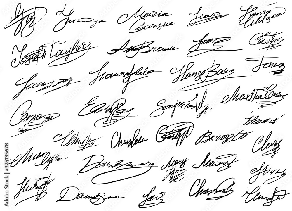 Business autograph. Unique black hand drawn personal sprawling signature scribble collection. Authentic-looking vector handwritten curved autograph set. Business documentation design illustration - obrazy, fototapety, plakaty 