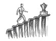 Career growth. Vector man walking up stairs to trophy cup goblet on top sketch illustration. Personal effectiveness, career growth, success progression and goal achievement business motivational