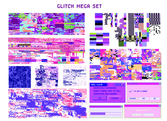Poster - Bundle of HUD elements and glitch overlays. Computer screen error, digital pixel noise design.