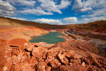 Wall Mural - Green quarry lake in bauxite mine. On blue sky with clouds in summer day. Aluminium ore open-cut (open cast, open-pit) mining in quarry.