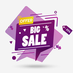 Wall Mural - Big sale violet banner vector layout for store, shop or market. Discount, motion and 3d effect. Eps 10 vector