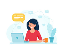 Online Marketing Specialist. Female Character Working With Laptop. Illustration In Flat Style