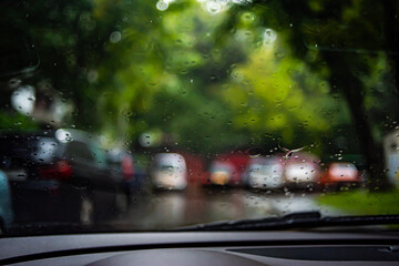 Raindrops on the windshield of a car