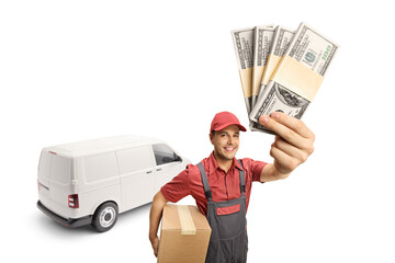 Sticker - Delivery man holding a cardboard box and money in front of a white transporting van