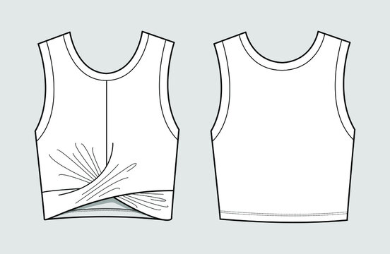 Isolated cropped knotted jersey tank top. Activewear fashion design. Flat sketches technical drawings Illustrator vector template.