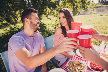 Sticker - Cropped view portrait of four nice attractive cheerful cheery best buddy fellow guys group spending weekend drinking beverage clinking cups celebrating holiday festal occasion feast backyard house