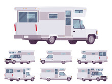 RV Camper Van Car, Recreational Vehicle Set. Motorhome Trailer With Living Accommodations, Holiday Journey Caravan, Convenient Home On Wheels. Vector Flat Style Cartoon Illustration, Different Views