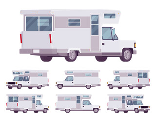 Wall Mural - RV camper van car, recreational vehicle set. Motorhome trailer with living accommodations, holiday journey caravan, convenient home on wheels. Vector flat style cartoon illustration, different views