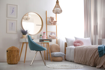 Poster - Teenage girl's bedroom interior with stylish furniture. Idea for design