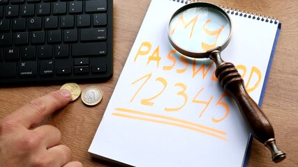 Wall Mural - account security concept. password on notepad. magnifier and money on the table.