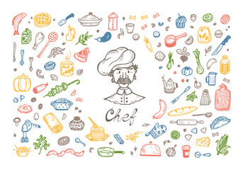  Cooking. Vector Set for menu decoration. Hand drawn doodle Chef, Food and Kitchen utensils
