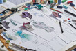© Chaosamran_Studio - Fashion designer stylish drawings sketches textile fabric material Costume. Designer creative workshop studio.