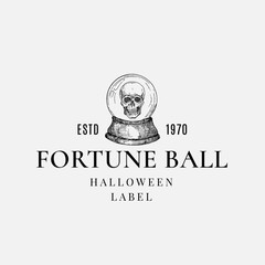 Wall Mural - Premium Quality Halloween Logo or Label Template. Hand Drawn Magic Crystal Fortune Prediction Ball with Scull Sketch Symbol and Retro Typography.