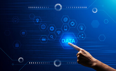 Poster - Male Hand Clicking On Data Button On Digital Screen With Multimedia Icons