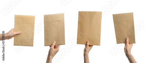 Fotografía Collage with photos of people holding paper envelopes on white background, closeup