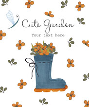 Set Of Gardening Tools. Cute Garden Greeting Card With Flowers Isolated On White Background For Cute Postcard, Logo, For The Design Of A Children`s Room, For Invitations, Greeting Cards, Business Card