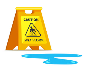 yellow sign carefully wet floor and puddle nearby. flat vector illustration.