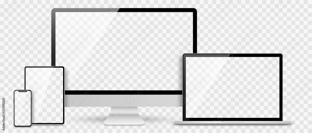 Realistic set computer, laptop, tablet and smartphone. Device screen mockup collection. Realistic mock up computer, laptop, tablet, phone with shadow- stock vector. - obrazy, fototapety, plakaty 