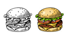 Burger In Vintage Style Black And Color