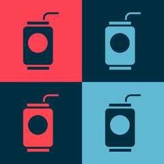 Poster - Pop art Soda can with drinking straw icon isolated on color background. Vector Illustration.