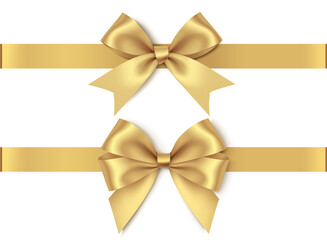 Wall Mural - decorative gold bow with horizontal golden ribbon. set of bows for page decor isolated on white back