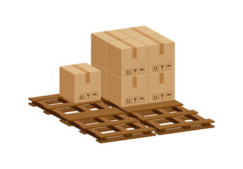 Wall Mural - pile crate boxes 3d on wooden pallet, wood pallet with cardboard box in factory warehouse storage, cardboard parcel boxes stack of warehouse factory, packaging cargo, boxes brown isolated on white