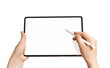 © svetazi - Digital tablet with pen in woman hands on white isolated background.