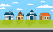 © siarifzen - vector illustration of houses. hand drawn vector. modern scribble for kids, sticker, learning, clipart. simple sketch, drawn with pen. houses with blue sky and green grass. colorful doodle art.