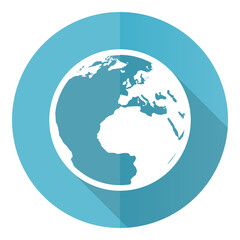 Aufkleber - Earth vector icon, flat design blue round web button isolated on white background