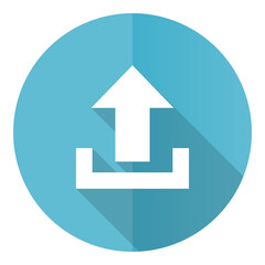 Aufkleber - Upload vector icon, flat design blue round web button isolated on white background