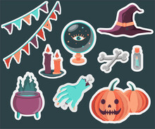 Sticker On A Halloween Theme In Which The Severed Hand Of A Zombie, Bones, A Pumpkin, A Severed Finger In A Jar, A Witch's Cauldron, Candles, A Crystal Ball Of Predictions