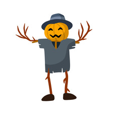 Wall Mural - Scarecrow with a pumpkin head. Funny bogeyman with hat. A fabulous Halloween Character. Flat cartoon illustration. Old clothes and a stick