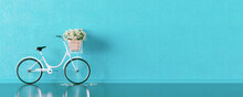 White Bicycle With A Flower Basket. Travel Concept On Blue Background 3D Render 3D Illustration