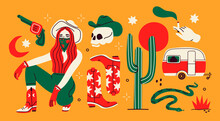 Wild West Concept. Various Objects. Cowboy Theme. Boots, Gun, Cactus, Snake, Lady In Hat, Camper, Skull, Cigarette. Hand Drawn Colored Vector Set. All Elements Are Isolated