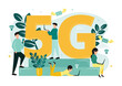 Vector illustration of 5G internet. Men with smartphone and netbook and women with laptops near the letter G and numbers 5, on the background of network icons, envelopes for letters, plants
