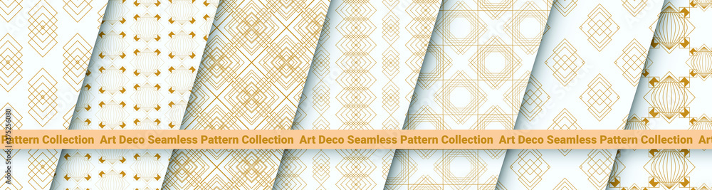 Art Deco Patterns Set. Golden seamless pattern on white backgrounds. Geometric decorative vector line design. 1920-30s motifs. Luxury vintage illustration - obrazy, fototapety, plakaty 