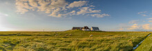 Picturesque Village And Unique Natural Landscape Of The North Sea Coast On Small Island Of The Coast "hallig" At North Frisia, Schleswig-Holstein, Germany. Frisian Architecture Thatched Houses