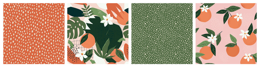 Collage contemporary orange floral and polka dot shapes seamless pattern set.