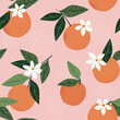 Tropical seamless pattern with oranges on a pink background. Fruit repeated background. Vector bright print for fabric or wallpaper.